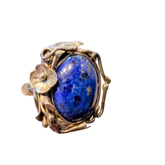 Vintage 925 Sterling Silver Lapis Lazuli Flower Vining Metal Work Ring Size 8.25 - Picture 6 of 8